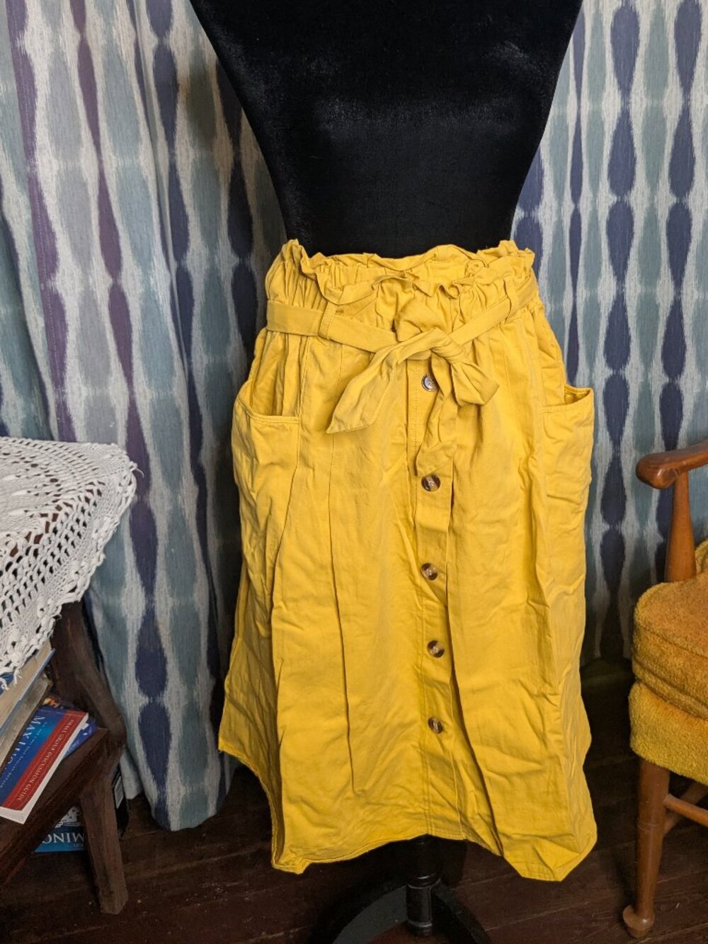 Sadie & Love Mustard Yellow Paperbag Waist Button Front Midi Skirt M